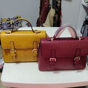 Classic Structured Satchel Handbag - Mustard Yellow & Burgundy With Crossbody
